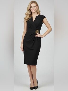 Tadashi Shoji Black Midi Sheath Dress with Gold Brooch